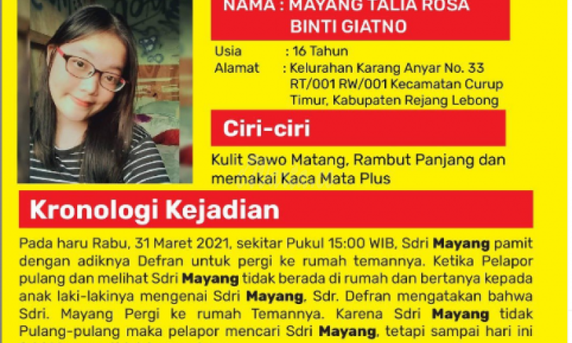 Pamit Kerumah Teman, Gadis Curup Seminggu Tak Pulang