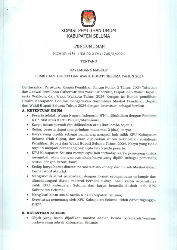 616 PENGUMUMAN SAYEMBARA MASKOT SELUMA