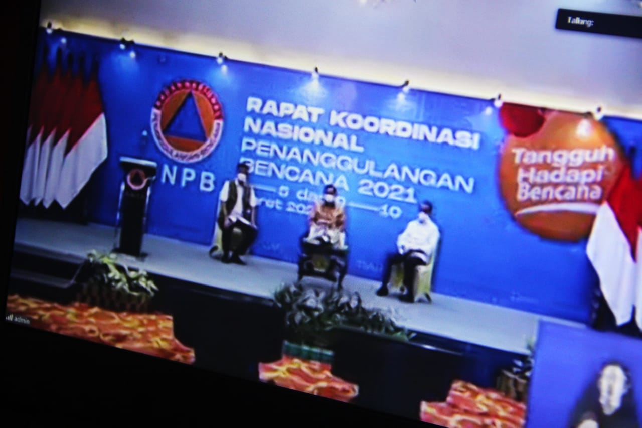 Knowledge Sharing Rapat Kordinasi Nasional (Rakornas) Penanggulangan Bencana 2021, via Zoom Meeting di Ruang Vip Pola Pemprov Bengkulu, Kamis (04/03).