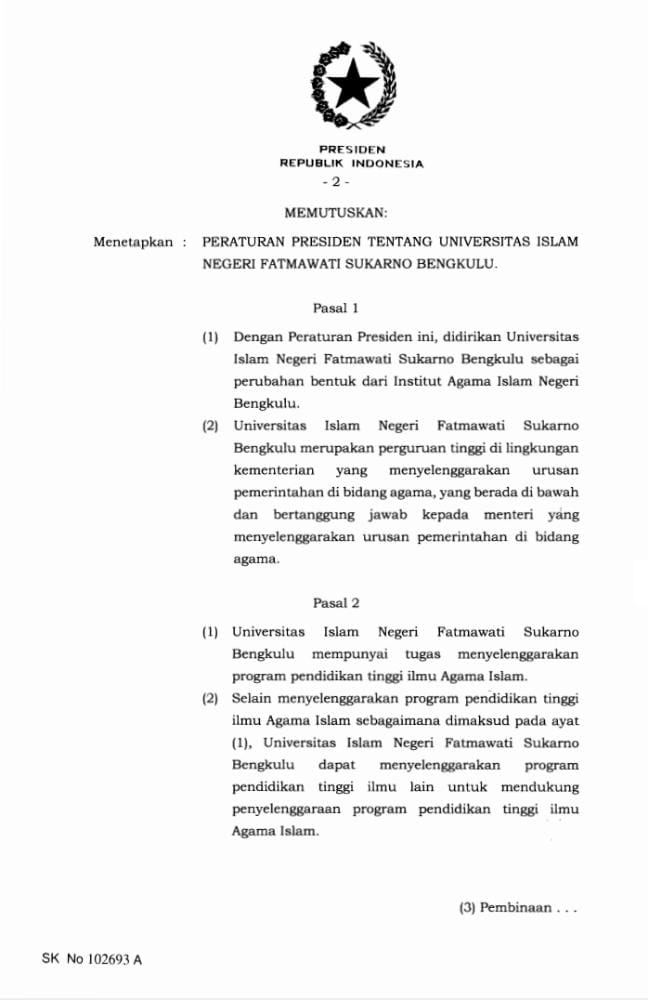 Peraturan Presiden RI Nomor 45 Tahun 2021 tentang Universitas Islam Negeri (UIN) Fatmawati Sukarno Bengkulu