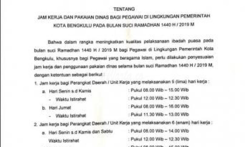 Berikut jadwal dan jam kerja ASN di lingkungan Pemerintah Kota Bengkulu