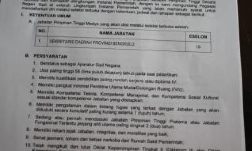 Pengumuman lengkap pelaksanaan Lelang JPT Madya (Sekda Provinsi Bengkulu)