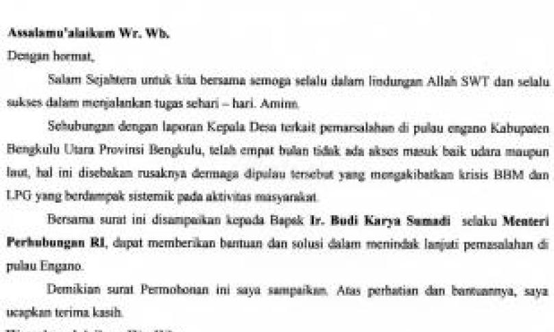 Surat Bang Ken kepada Kemenhub dengan tembusan ke Presiden dan Wakil Presiden, Pimpinan DPD RI, Gubernur Bengkulu, Arsip.