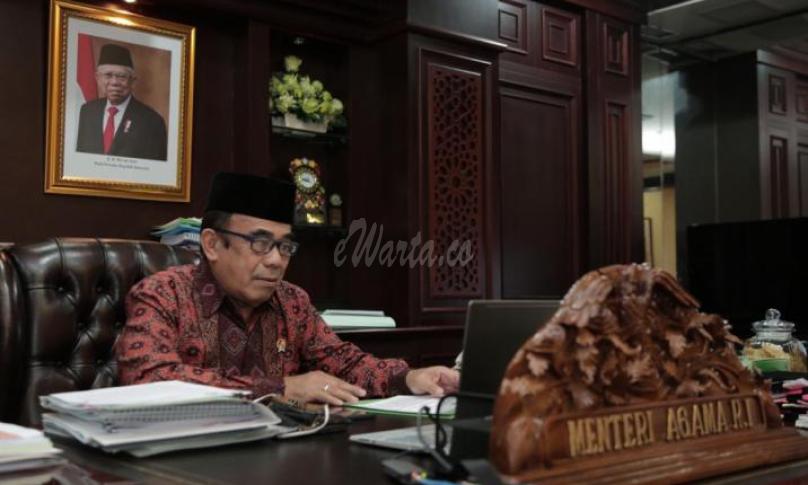 Menag Fachrul Razi  saat berbincang dengan Duta Besar Republik Yaman Abdulghani Nassr Ali Al-Shamiri untuk Indonesia melalui sambungan video conference