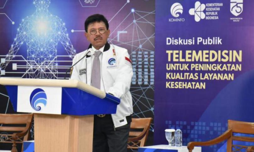 Menteri Kominfo Johnny G. Plate saat membuka Diskusi Publik Telemedisin untuk Peningkatan Kualitas Layanan Kesehatan dari Ruang Serbaguna Kementerian Kominfo, Jakarta, Sabtu (22/08/2020). - (AYH)