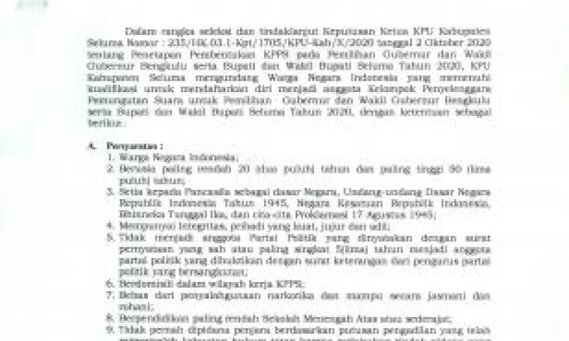 Pengumuman Pembentukan KPPS KPU Seluma