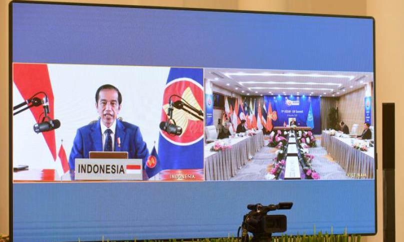 Presiden Joko Widodo saat berpidato pada Konferensi Tingkat Tinggi (KTT) ke-11 ASEAN-PBB yang digelar secara virtual