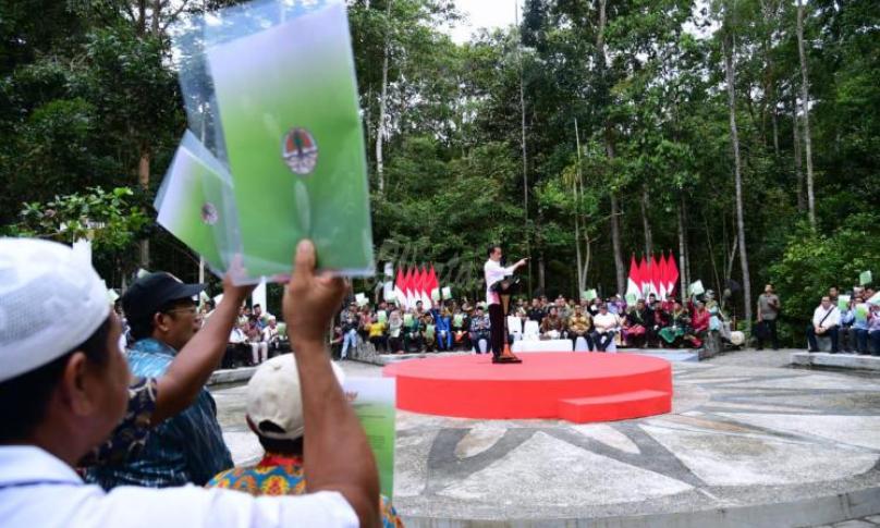 Presiden Joko Widodo menyerahkan 41 Surat Keputusan (SK) Perhutanan Sosial untuk 20.890 kepala keluarga di Provinsi Riau. (presidenri.go.id)