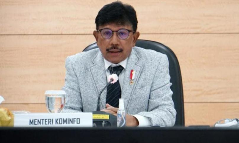 Menteri Kominfo Johnny G. Plate saat memimpin Rapat Teknis Persiapan Hari Nusantara 2020, dari Kantor Kementerian Kominfo, Jakarta, Selasa (08/12/2020). - (Indra Kusuma)