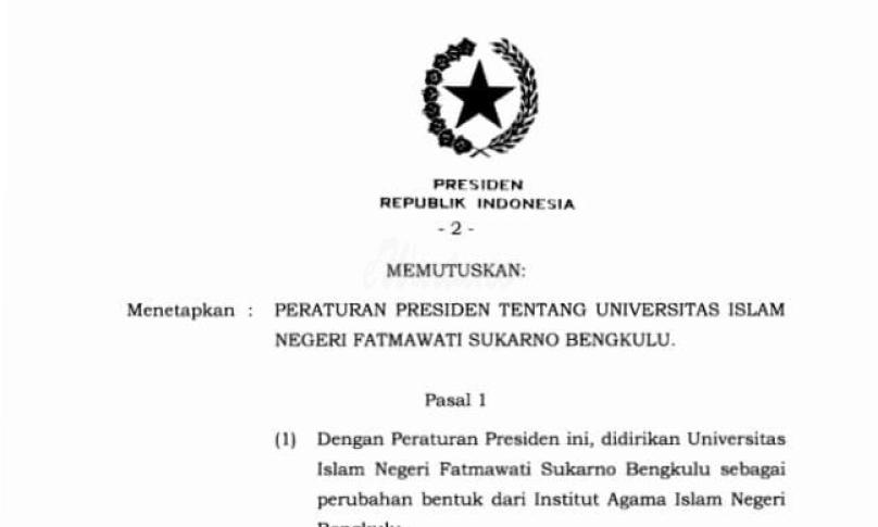 Peraturan Presiden RI Nomor 45 Tahun 2021 tentang Universitas Islam Negeri (UIN) Fatmawati Sukarno Bengkulu