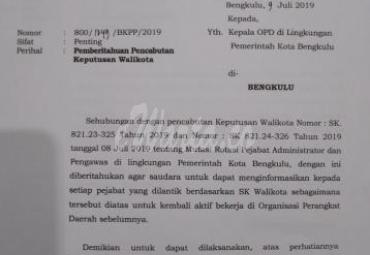 SK pembatalan Pelantikan 337 Pejabat di Pemerintahan Kota Bengkulu