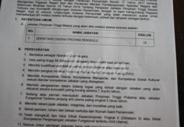 Pengumuman lengkap pelaksanaan Lelang JPT Madya (Sekda Provinsi Bengkulu)