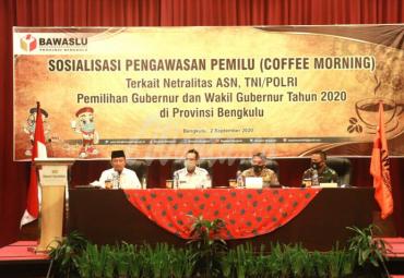 Coffee Morning, Sosialisasi Pengawasan Pemilu terkait Netralitas ASN, TNI/POLRI dalam pemilihan Gubernur dan Wakil Gubernur Tahun 2020 di Provinsi Bengkulu, Rabu (02/09) di Ballroom Hotel Santika Bengkulu.